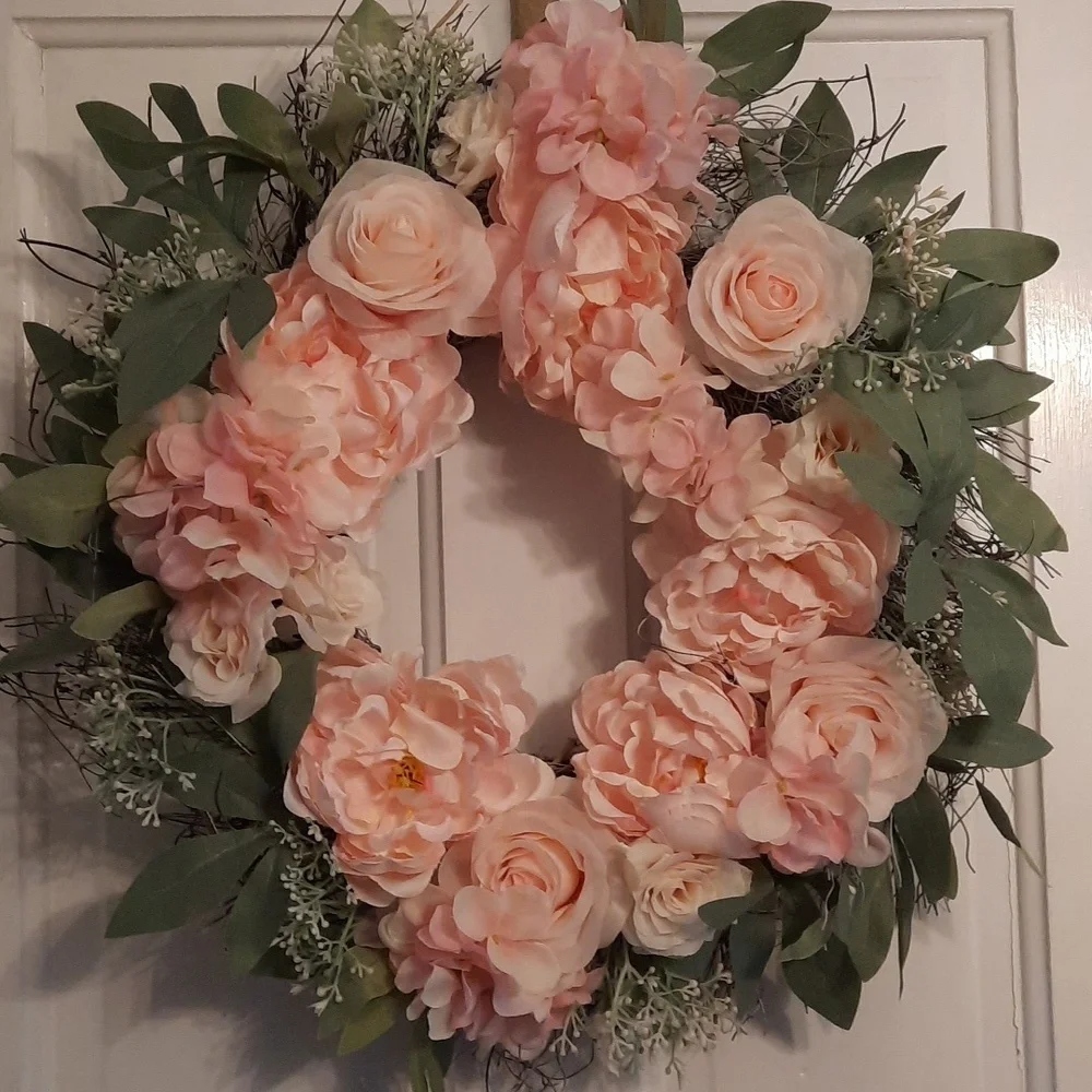 Wreath Blush Colored Rose Hydrangeas Silk Artificial Flower Indoor Outdoor